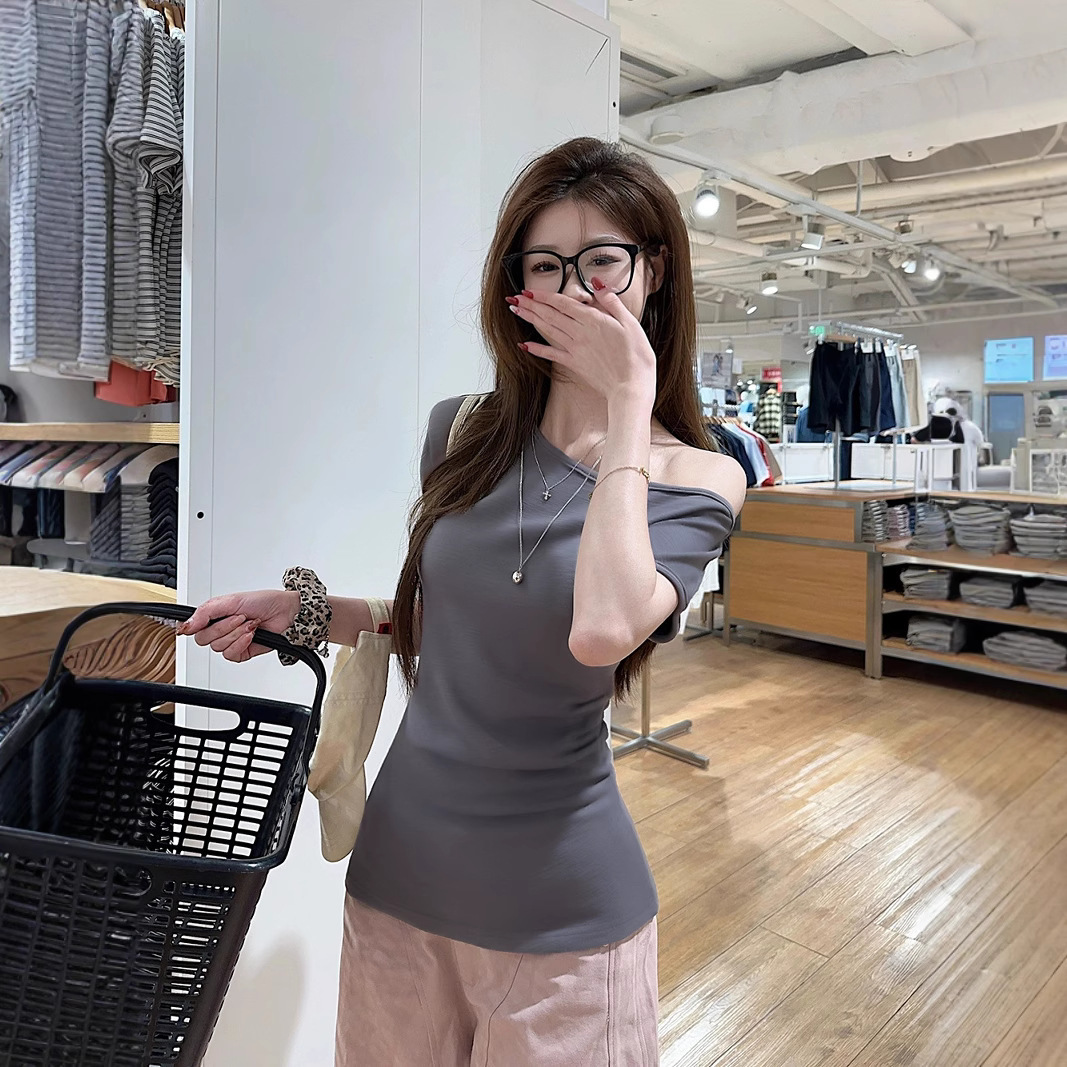 Women's Short-sleeved T-shirt Off-the-shoulder Fitted Waist Top - Image 5